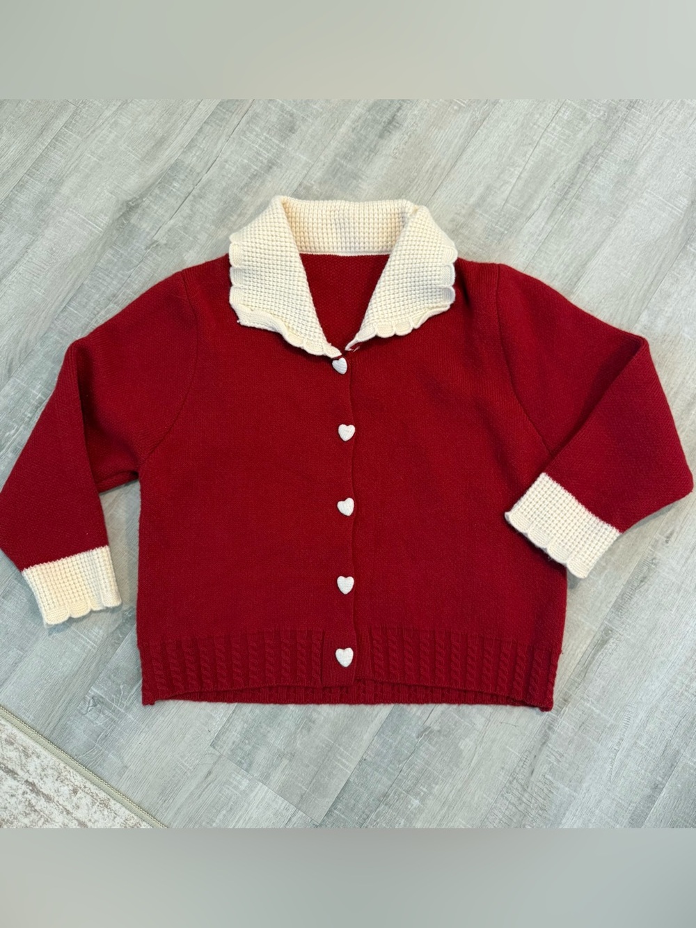 Women’s Red & Cream Cardigan Knit Sweater, Heart Buttons. Size Medium.